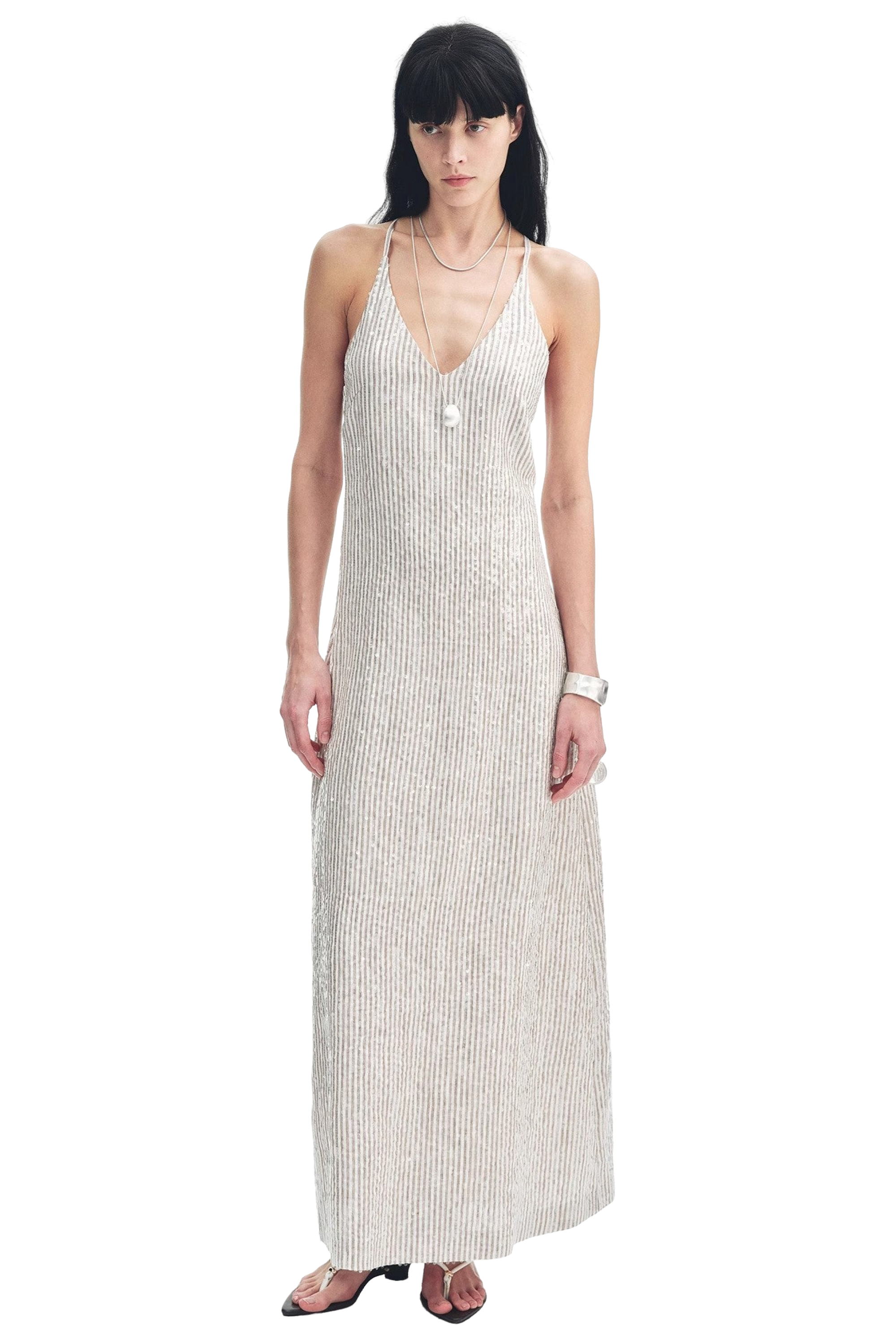 Firelady Fur "Galaxy Trace" Sequin Embroidery Stripe Linen Summer Dress