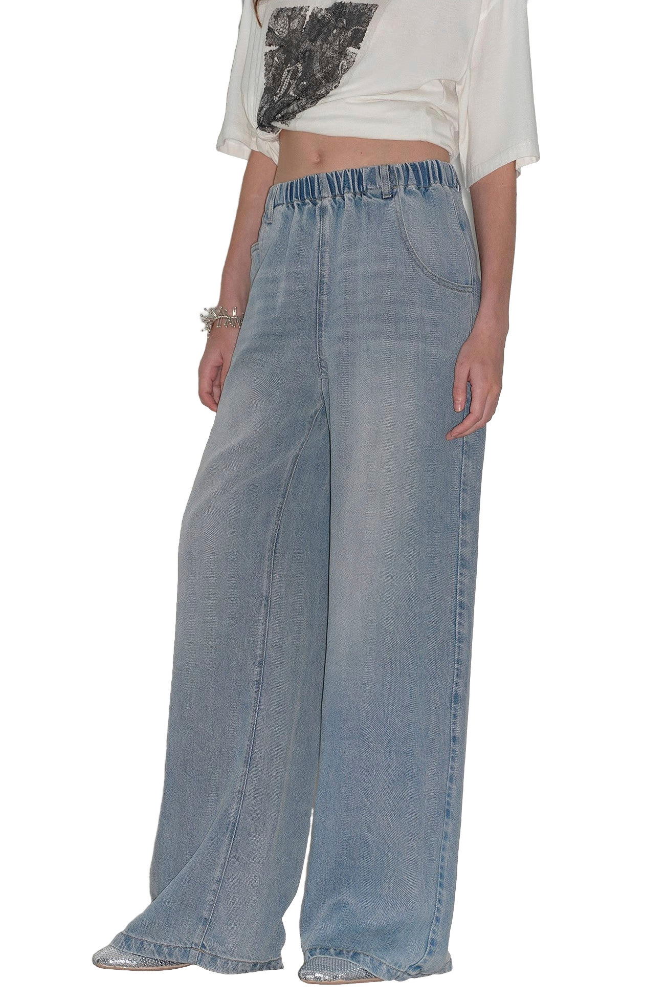 Firelady Fur "Dream Street" Lyocell Denim Relaxed Elastic Waist Wide Leg Pants