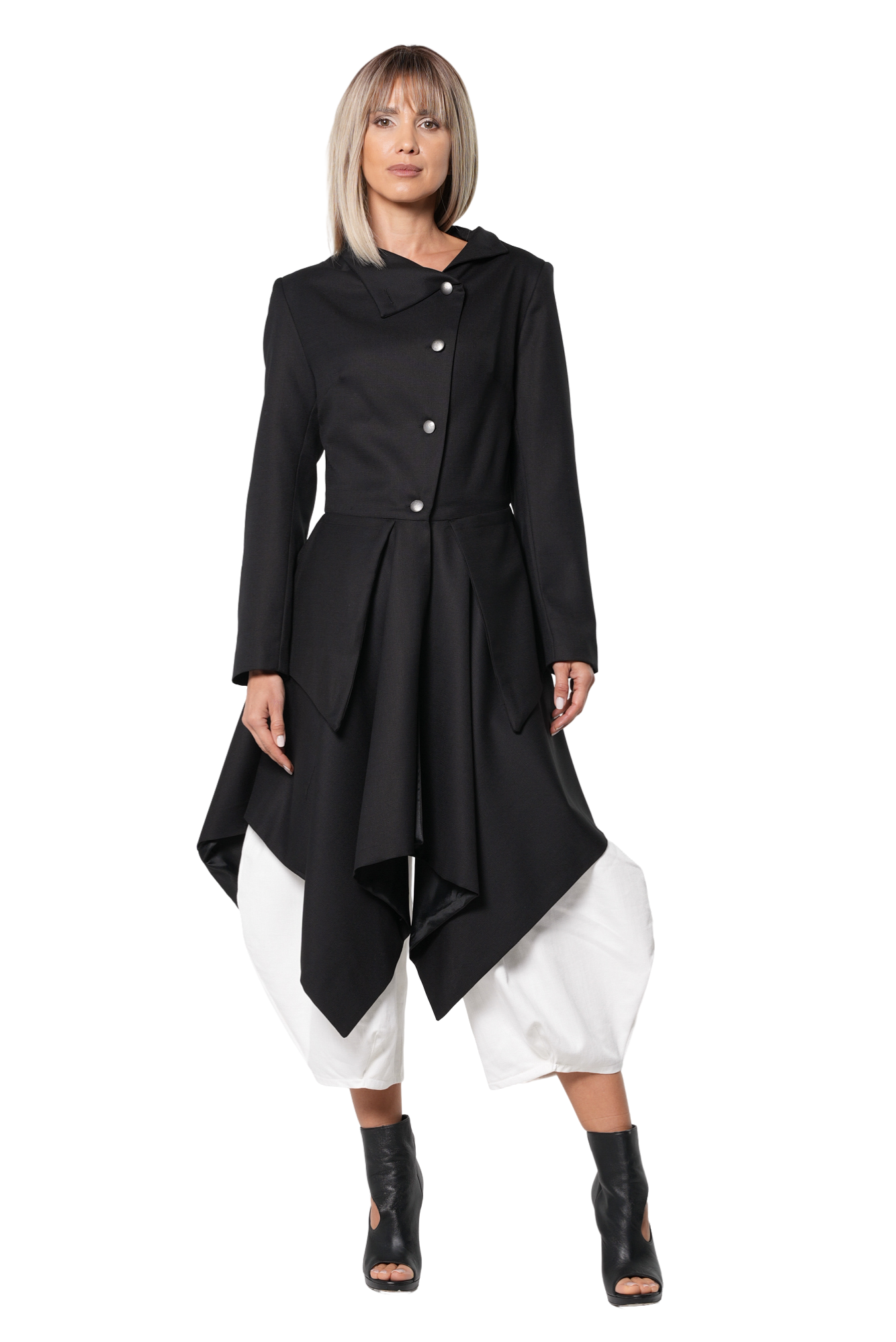 Metamorphoza 100% Wool Asymmetric Long Coat with Statement Pockets