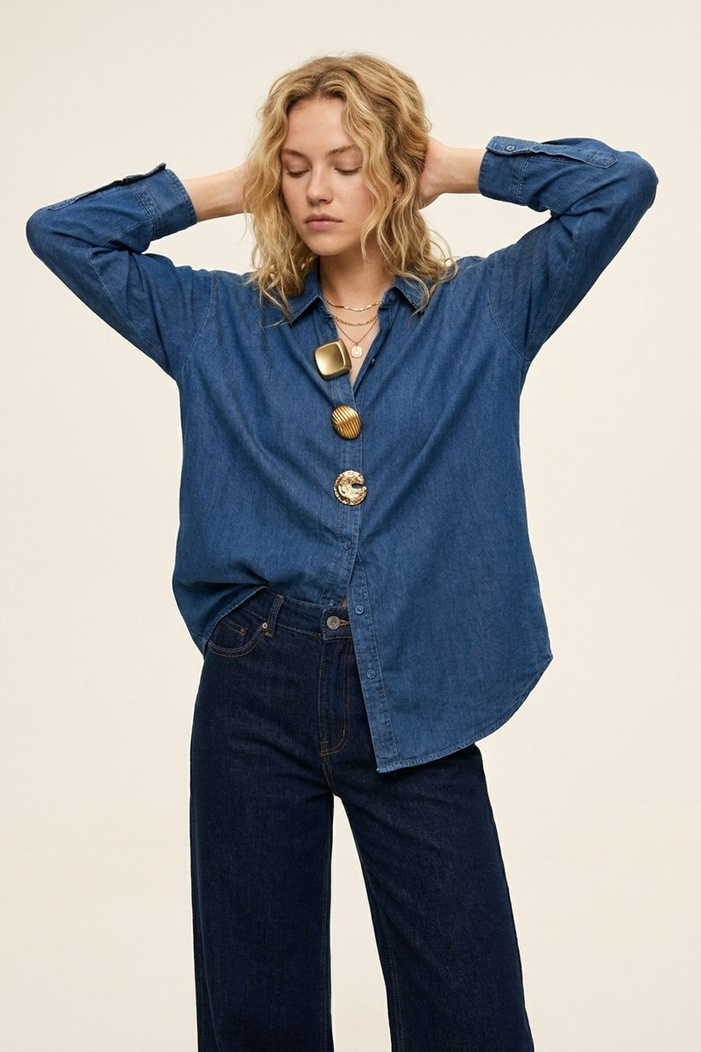 Blue Denim Oversize Shirt With Statement Gold Buttons