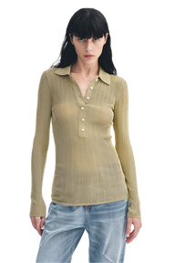 Firelady Fur "Spring Inspiration" Retro Slim-Fit Silk Knit Polo Sweater in Gold