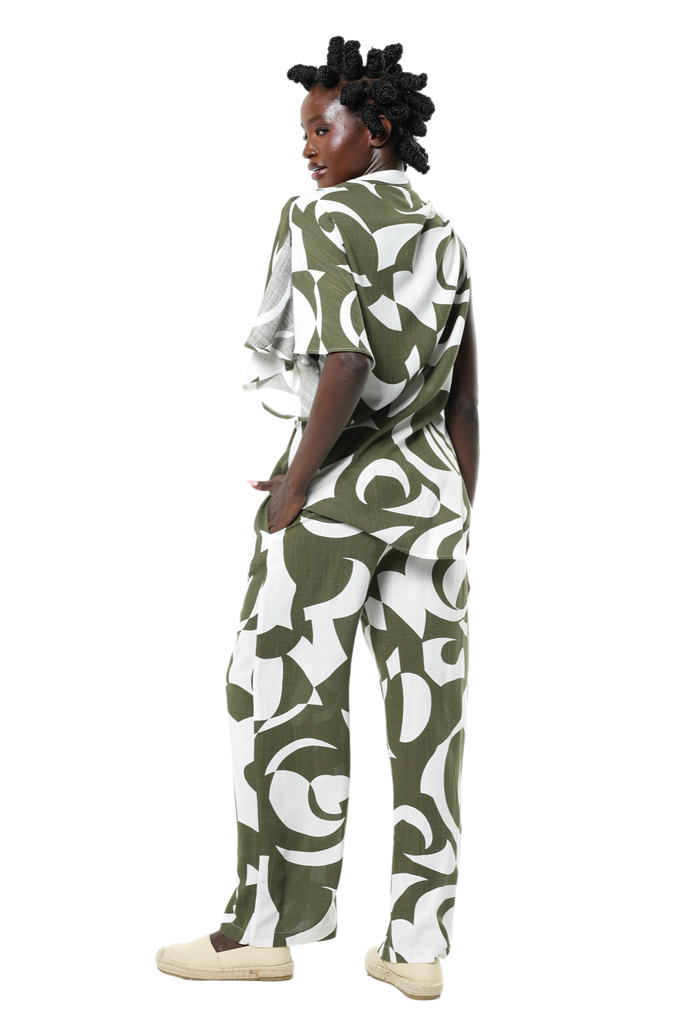 Thumbnail: Metamorphoza Asymmetric Top and Relaxed Pants with Print Set in Green