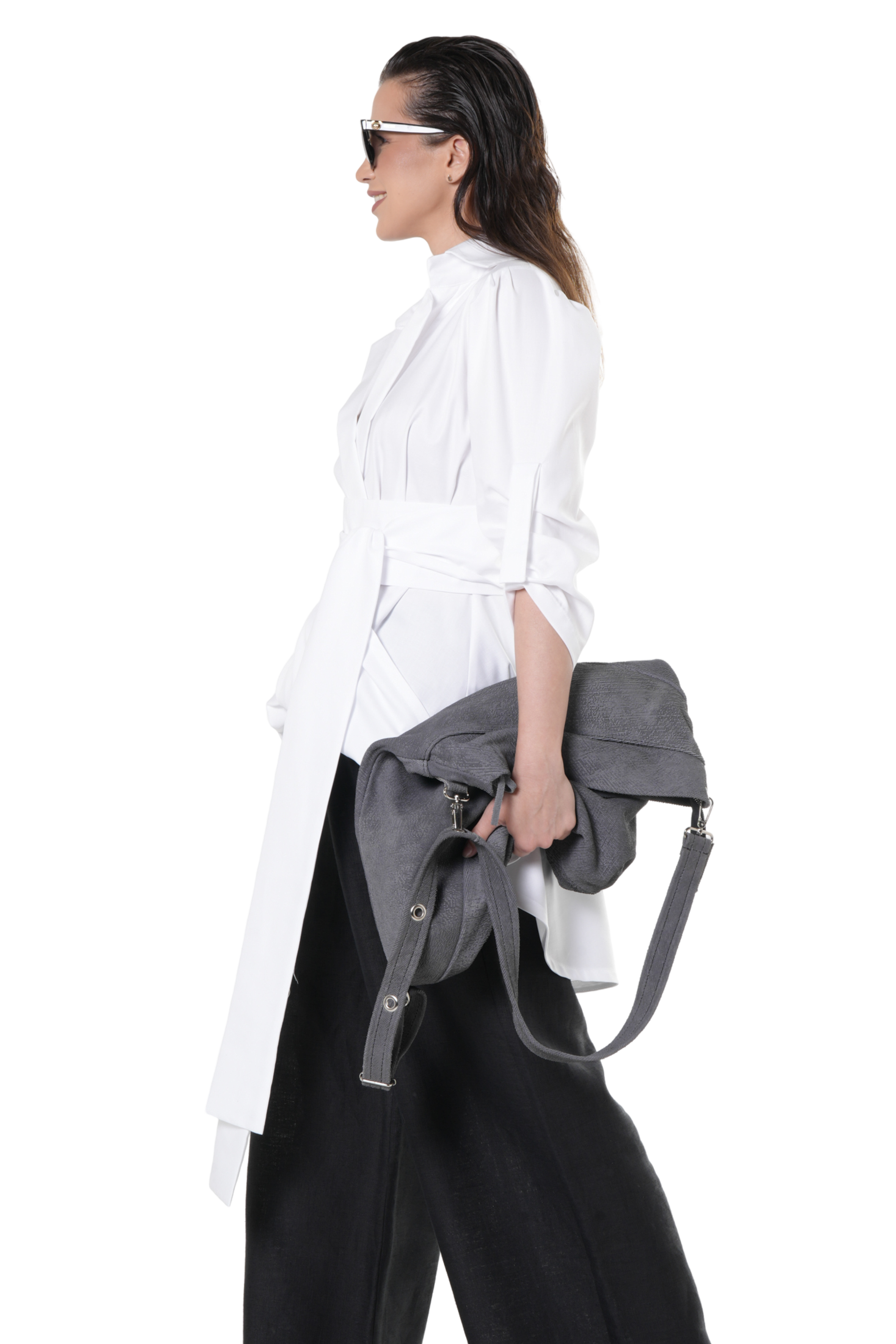 Metamorphoza Oversized Belted Shirt in White