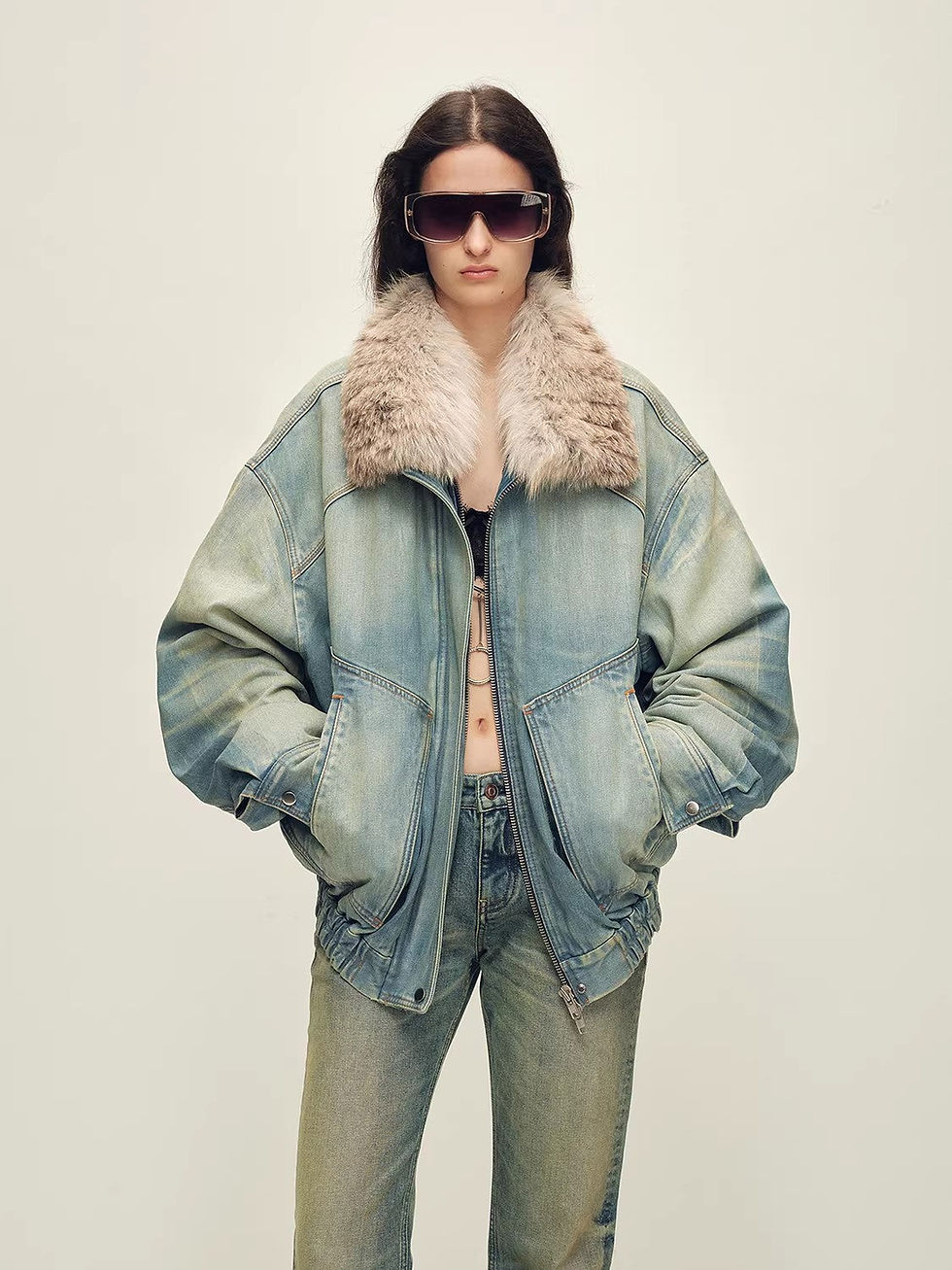 Thumbnail: Firelady Fur Women's Denim Parka With SAGAFURS Fox Fur Collar "Warm Mist Glass"