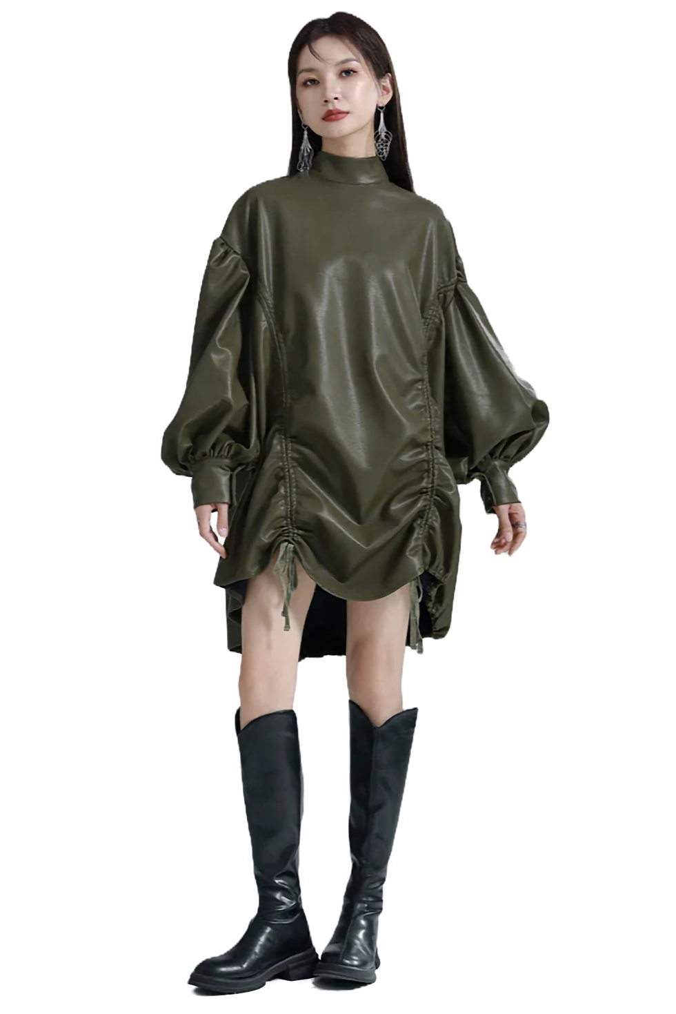 Marigold Shadows Paoula Ruched Vegan Leather Dress - Green