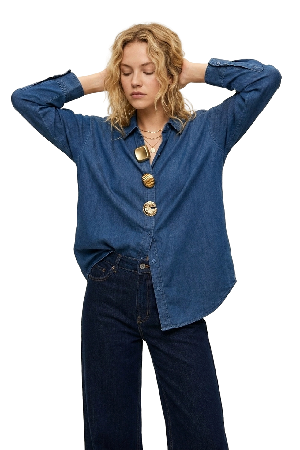 Thumbnail: Q2 Blue Denim Oversize Shirt With Statement Gold Buttons