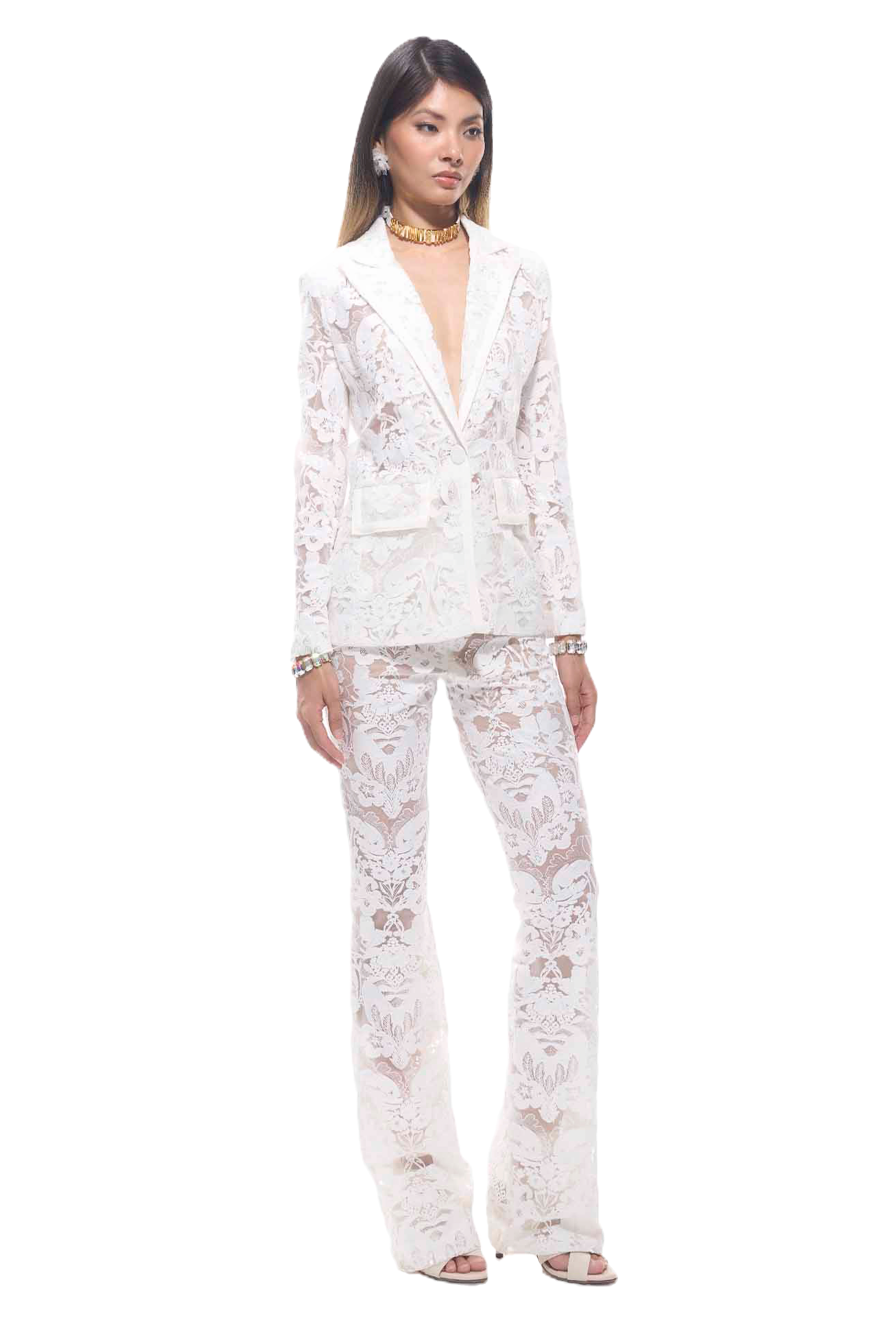 GUZUNDSTRAUS Carie Sequin Floral Lace Set White