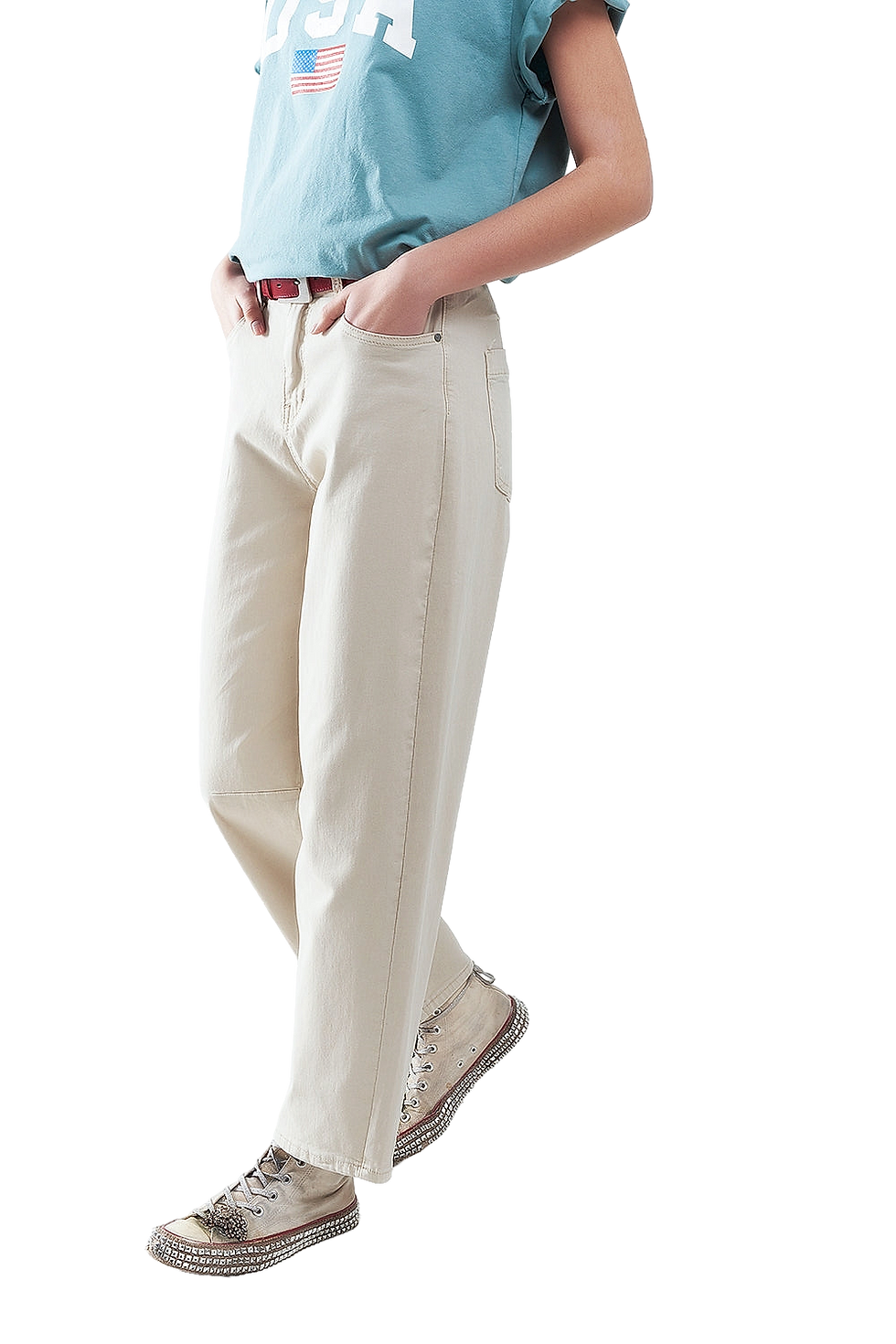 Thumbnail: Q2 Comfortable Stretch Jeans With Barrel Leg in Beige