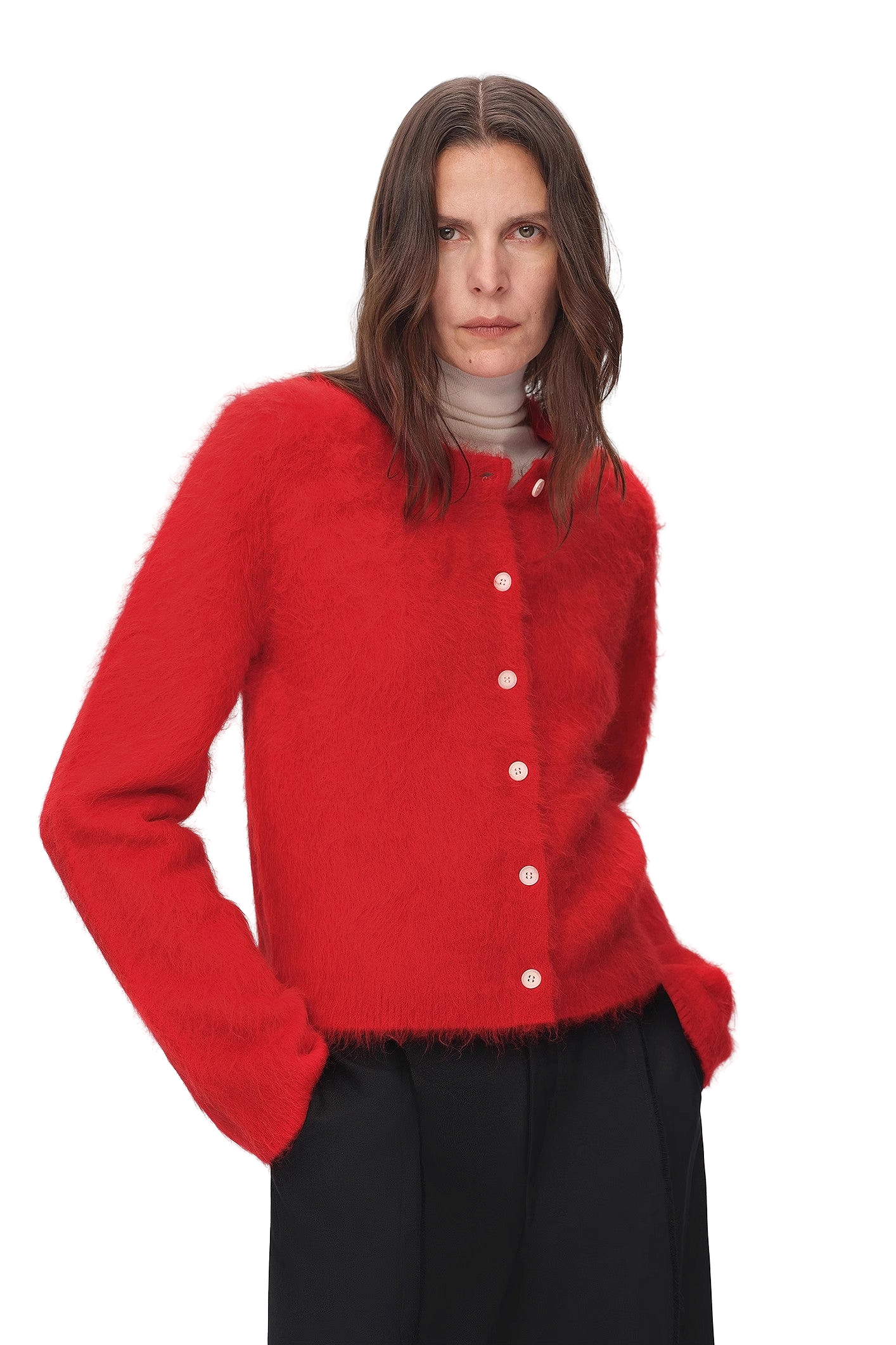 Firelady Fur Albaca Alpaca Brushed Round Neck Straight Cardigan Sweater in Red