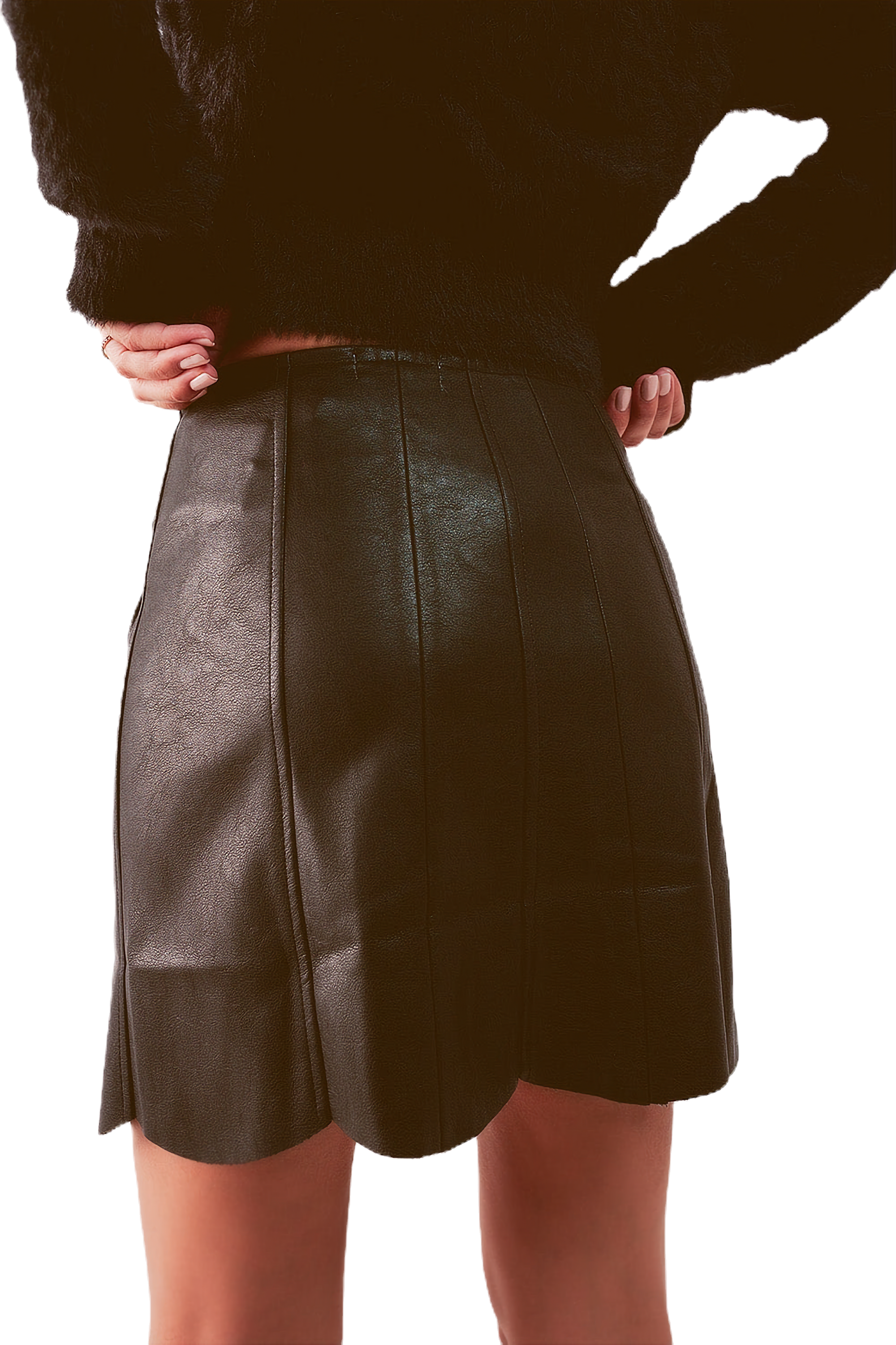 Q2 Button Through Vegan Leather Mini Skirt in Black