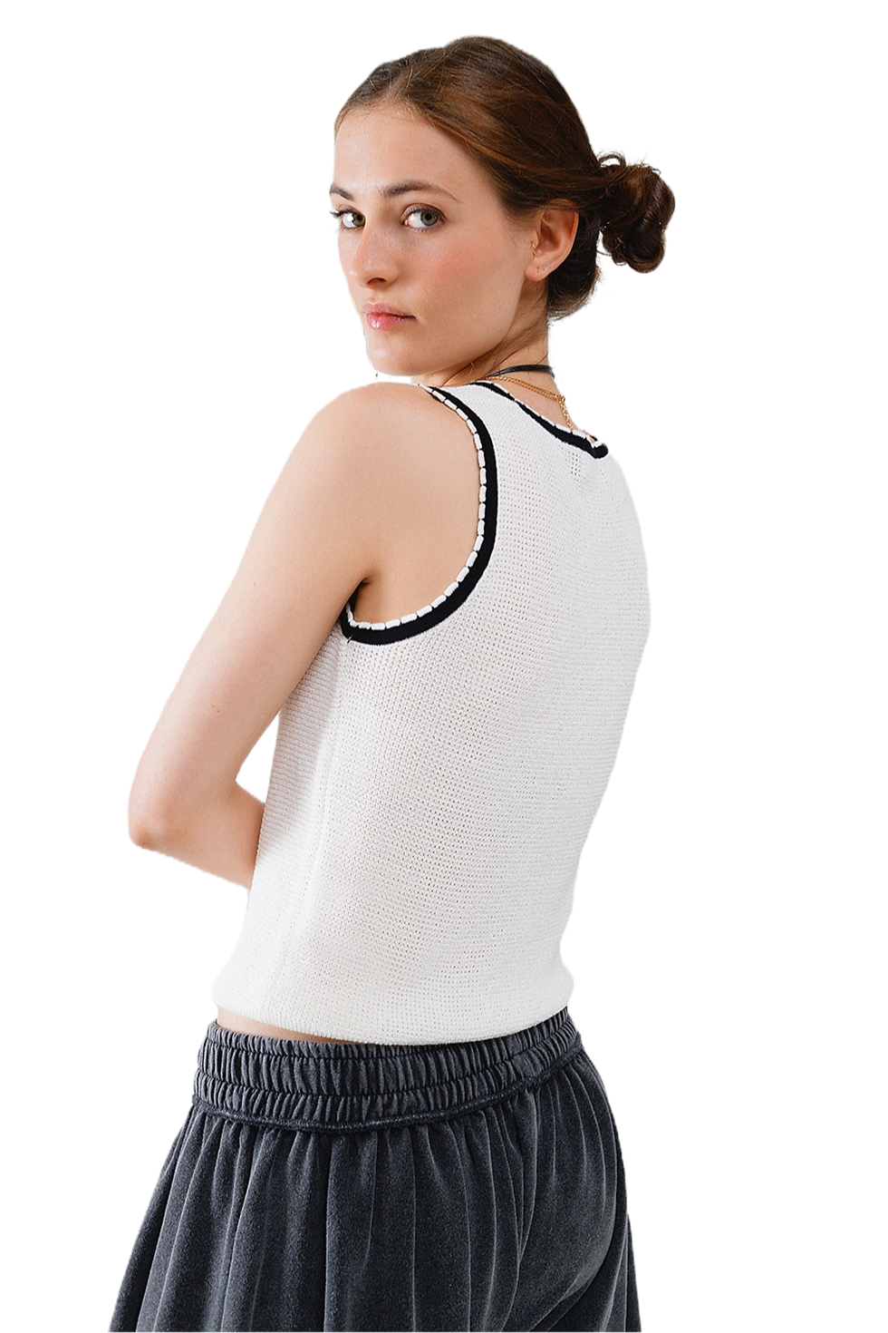 Thumbnail: Q2 Pointelle White Sleeveless Top With Black and White Trim Detail