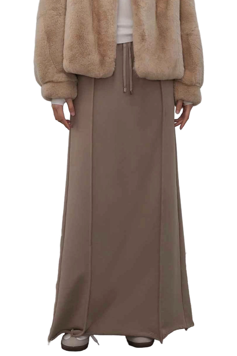 Firelady Fur "Cloudy Star" Sporty Style Color-Blocked Drawstring Maxi Skirt in Brown