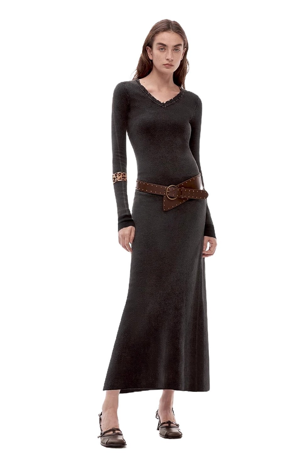 Firelady Fur "Kalle Morning" Distressed Raw Edge V-Neck Long Sleeve Maxi Dress