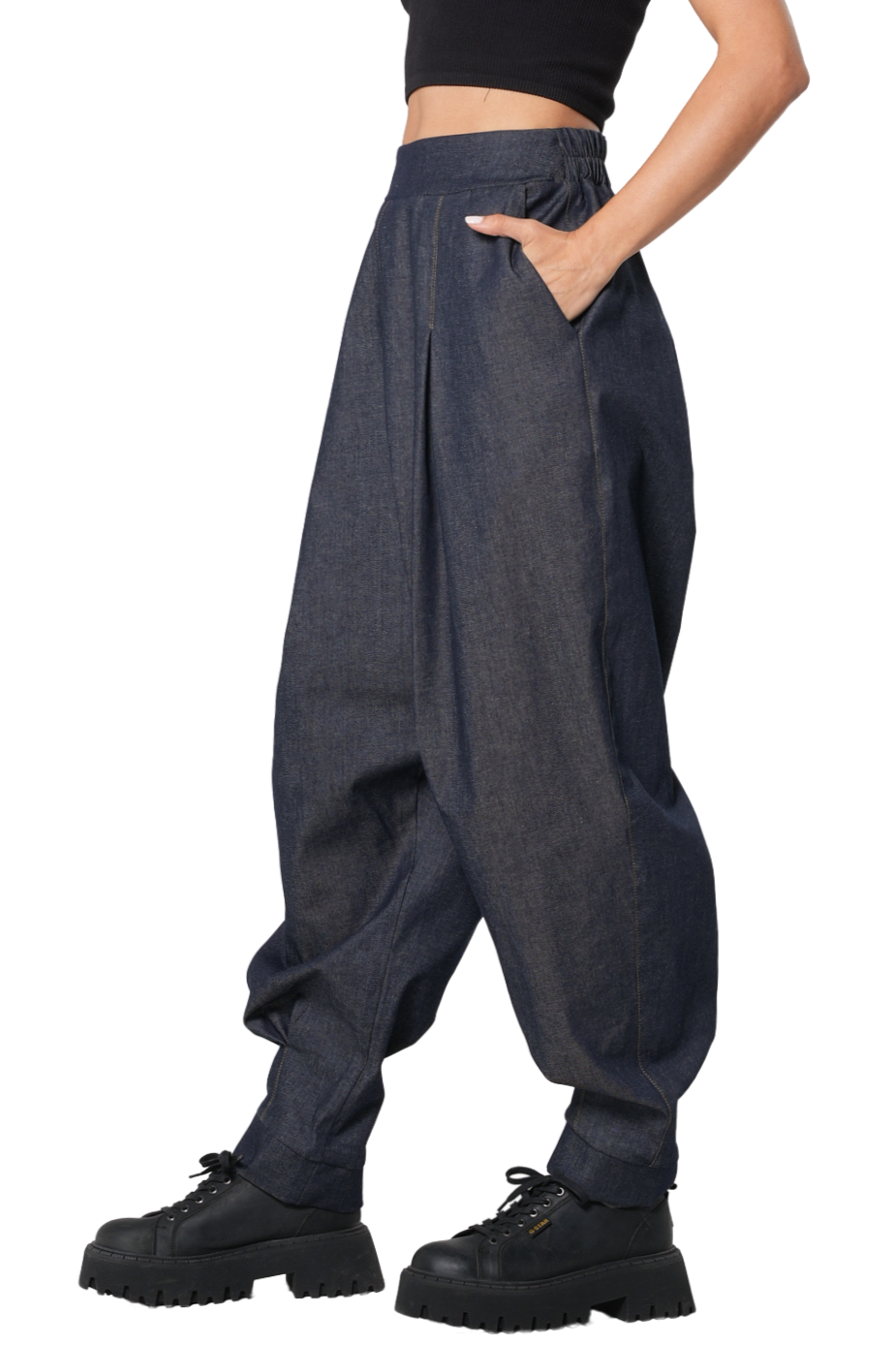 Metamorphoza Drop Crotch Denim Pants with Pleats and Elastic Waist