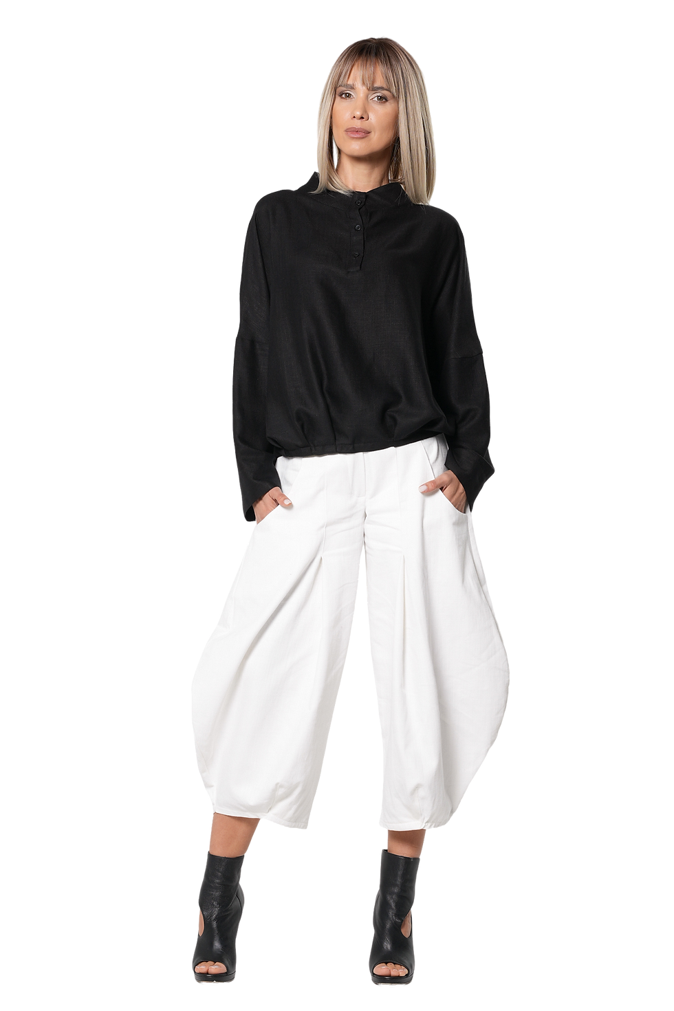 Metamorphoza Oversized Black Blouse with Stand Collar and Gathered Hem