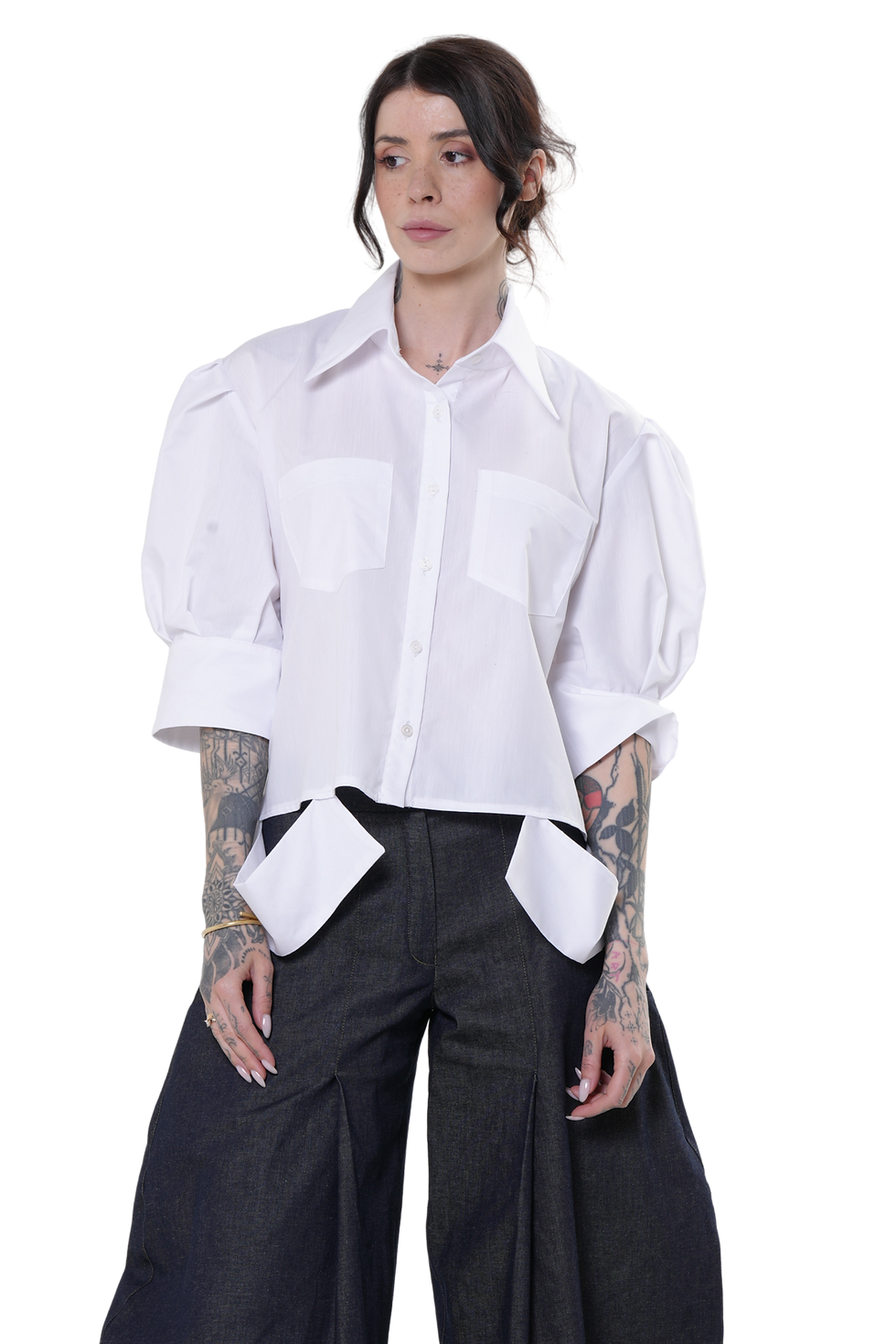 Metamorphoza Cropped White Shirt With Puff Sleeves
