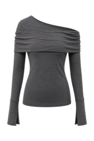 Firelady Fur "Modern Tricks" Layered Tencel Wool Mesh Off-shoulder Knitted Top in Dark Gray