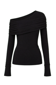 Firelady Fur "Modern Tricks" Layered Tencel Wool Mesh Off-shoulder Knitted Top in Black