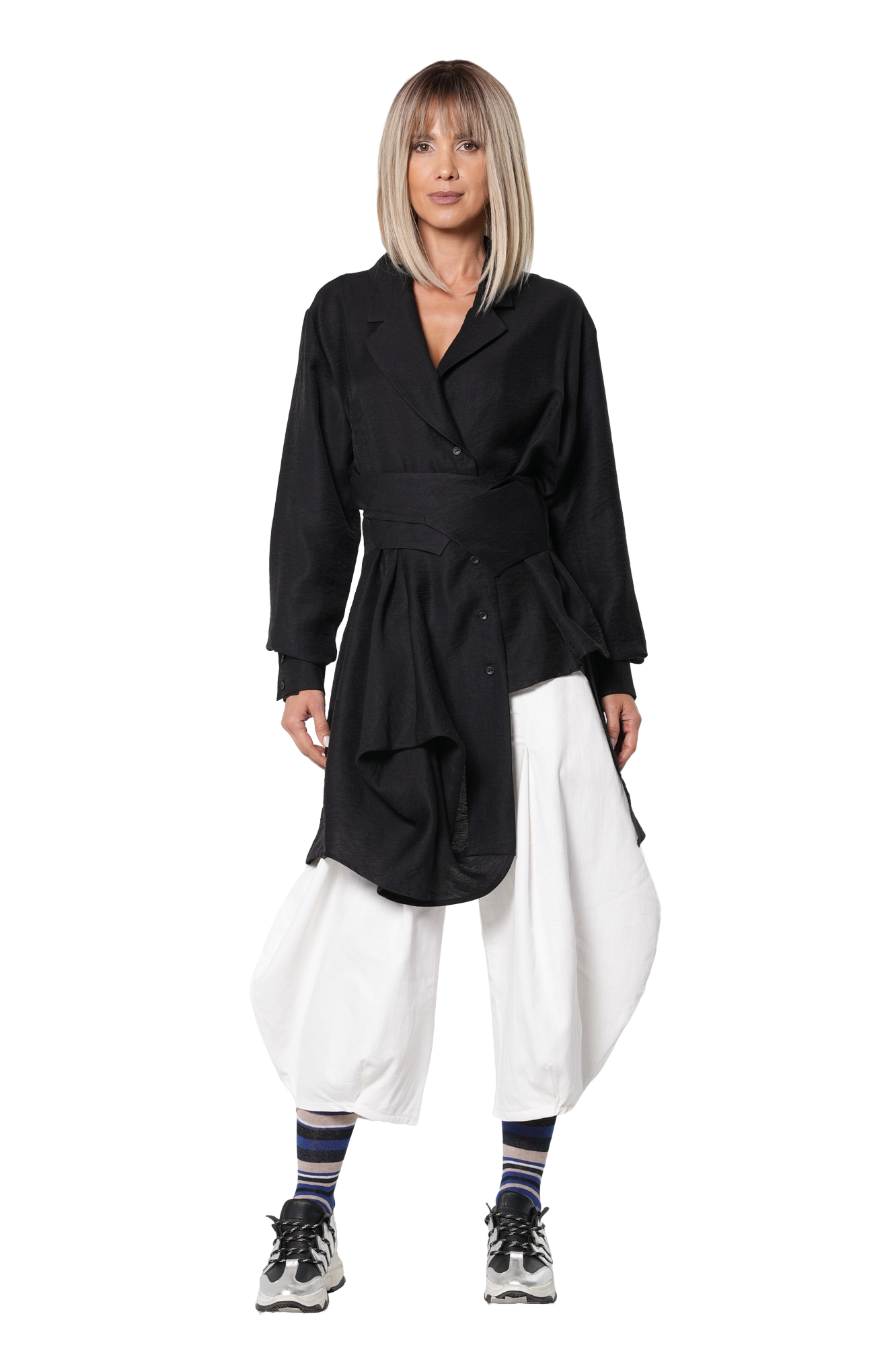 Metamorphoza Asymmetric Shirt with Draped Hem and Statement Belt