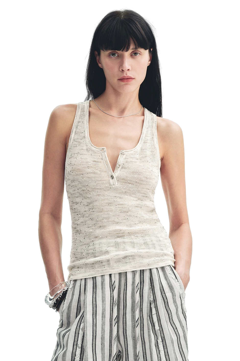 Thumbnail: Firelady Fur "Summer Night Starry Sky" Cotton and Linen Henley Beaded Tank