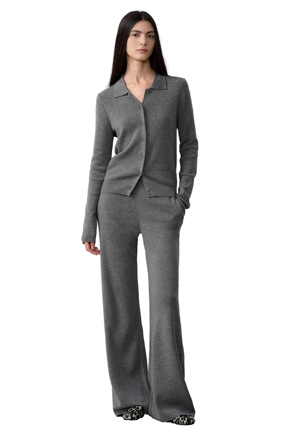 Firelady Fur "Lazy Urban" Merino Wool Polo Cardigan Straight-Leg Knit Pants Set