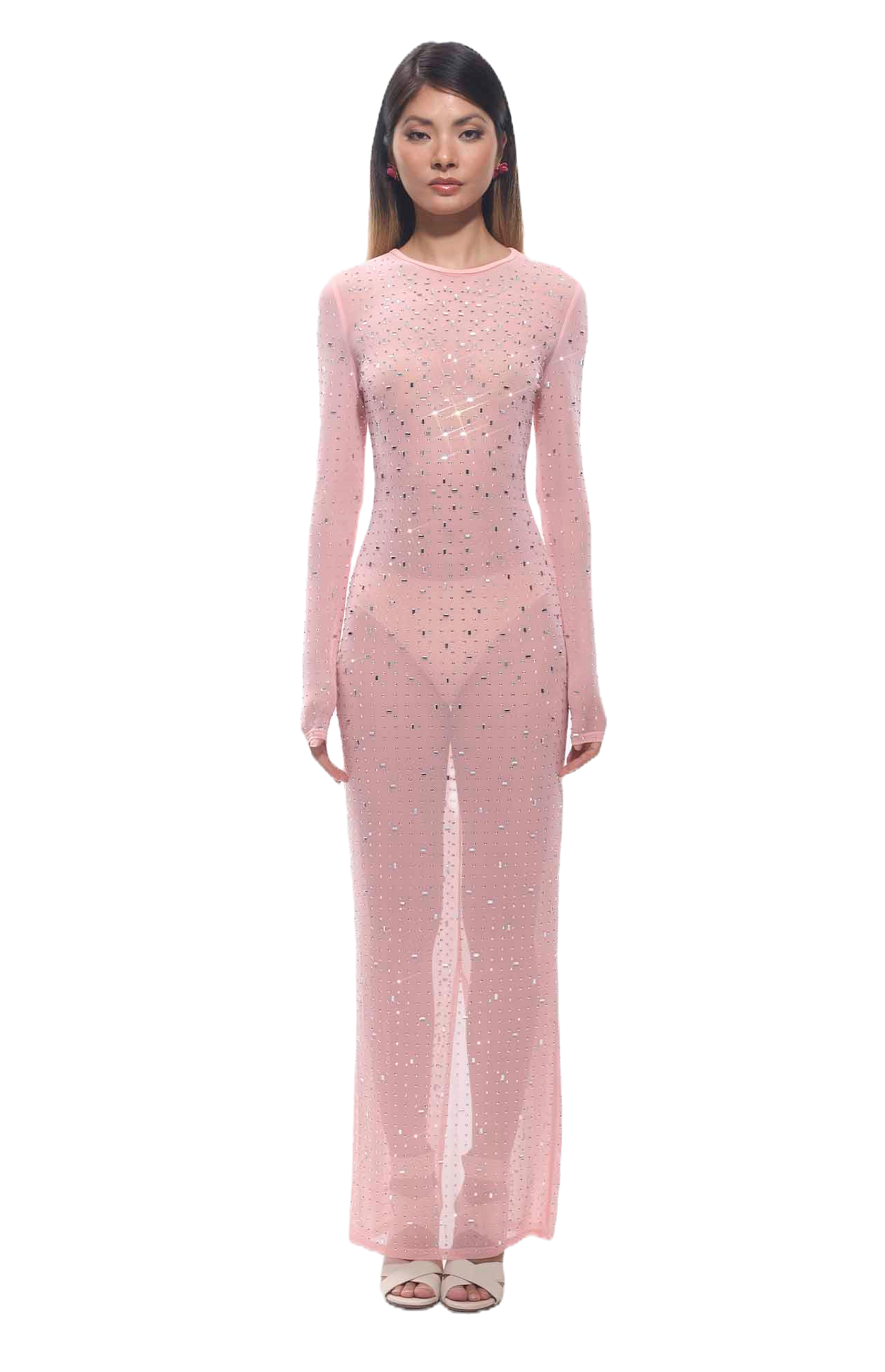 GUZUNDSTRAUS Sasso Diamante Mesh Long Sleeve Maxi Dress Pink