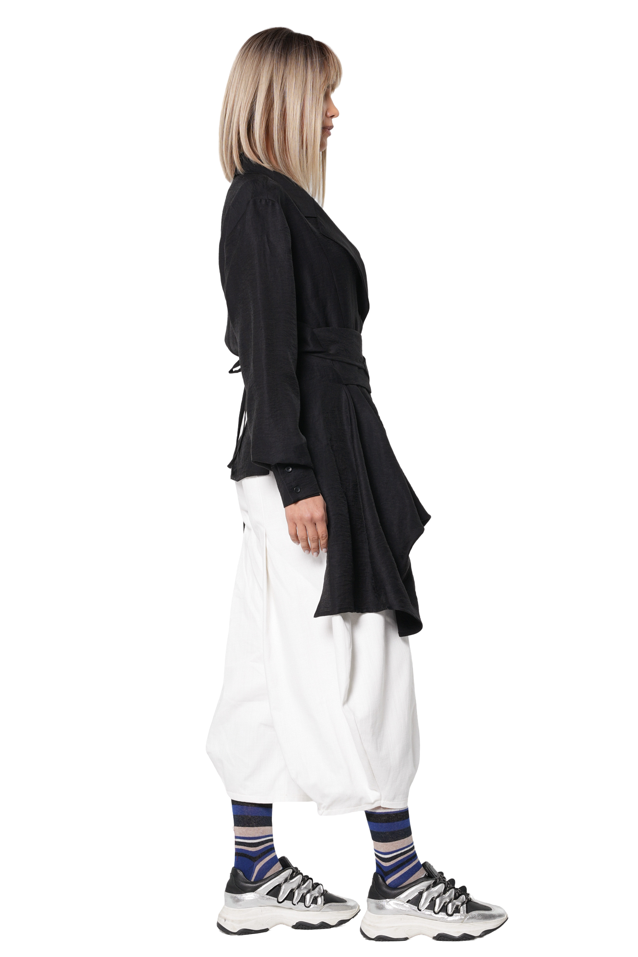Metamorphoza Asymmetric Shirt with Draped Hem and Statement Belt
