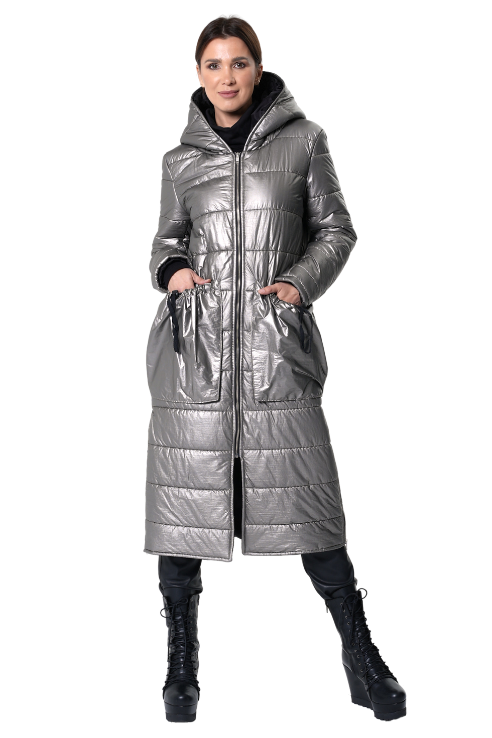 Metamorphoza Long Puffer Jacket with Oversize Pockets in Silver