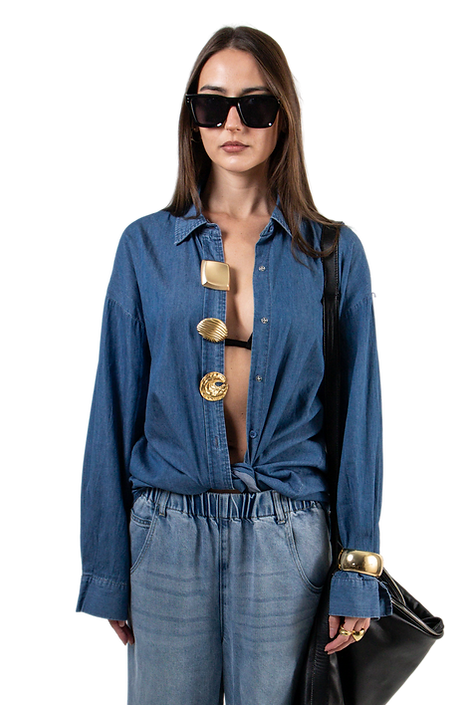 Q2 Blue Denim Oversize Shirt With Statement Gold Buttons