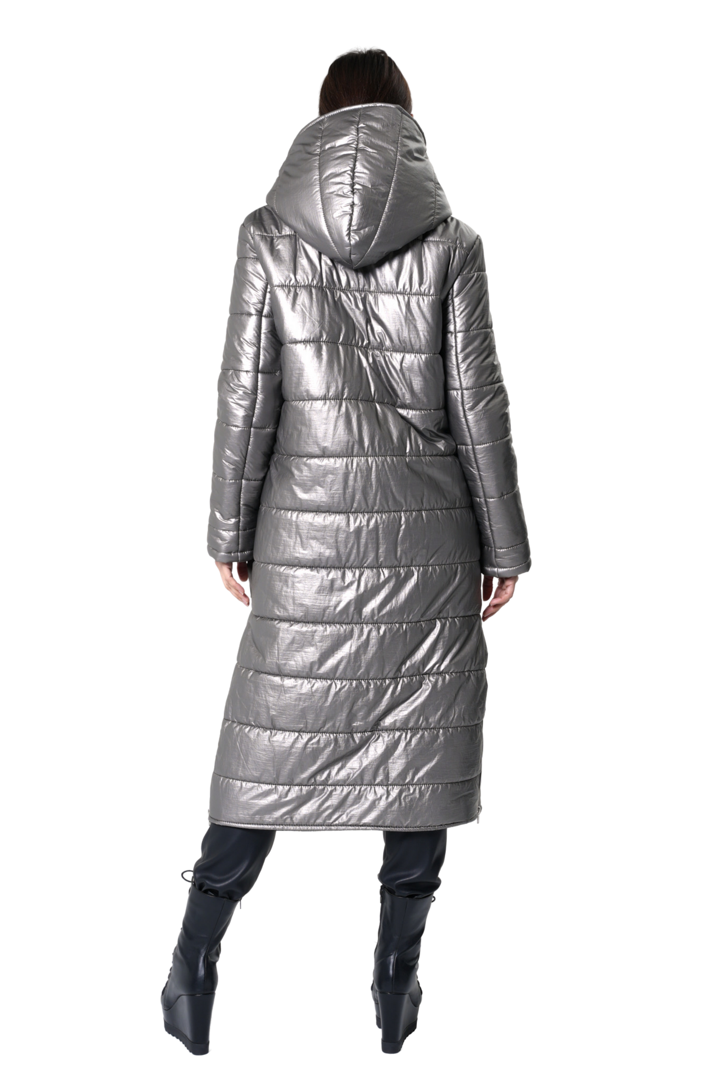 Metamorphoza Long Puffer Jacket with Oversize Pockets in Silver