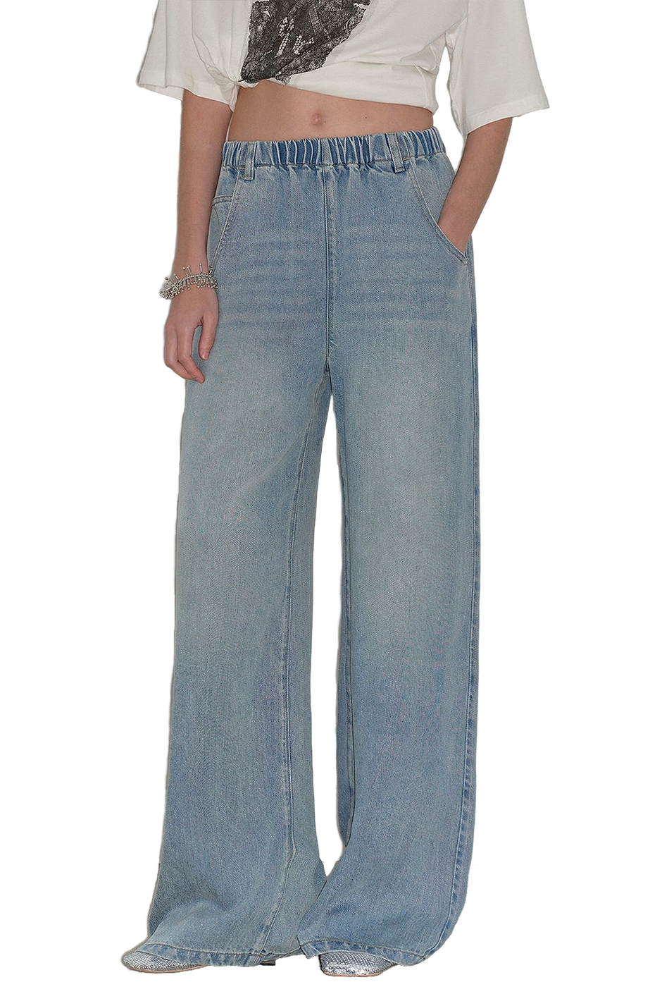 Firelady Fur "Dream Street" Lyocell Denim Relaxed Elastic Waist Wide Leg Pants