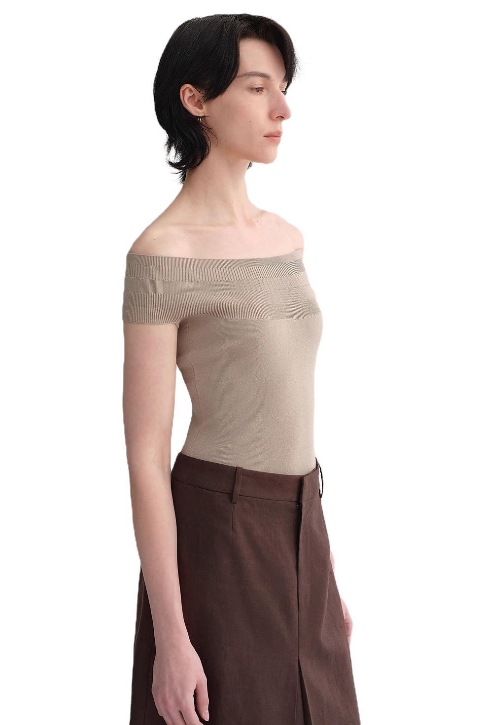 Thumbnail: Firelady Fur Mulberry Silk Blend Off-Shoulder Open Back Elegant Knit Top