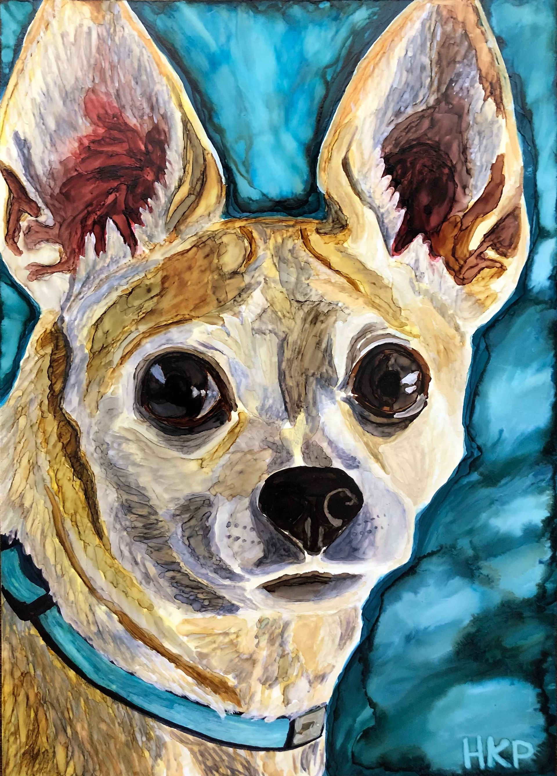 pet portrait of a chihuahua done in alcohol inks