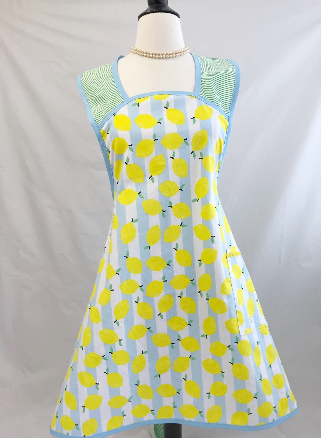 Lemons on Sky Blue Stripes 1940's A-Line Apron