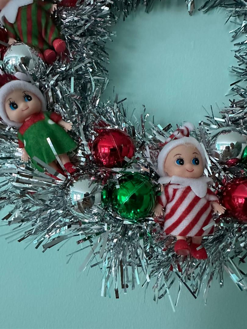 Thumbnail: Tinsel Retro Kitsch Christmas Kewpie Doll Wreath #2