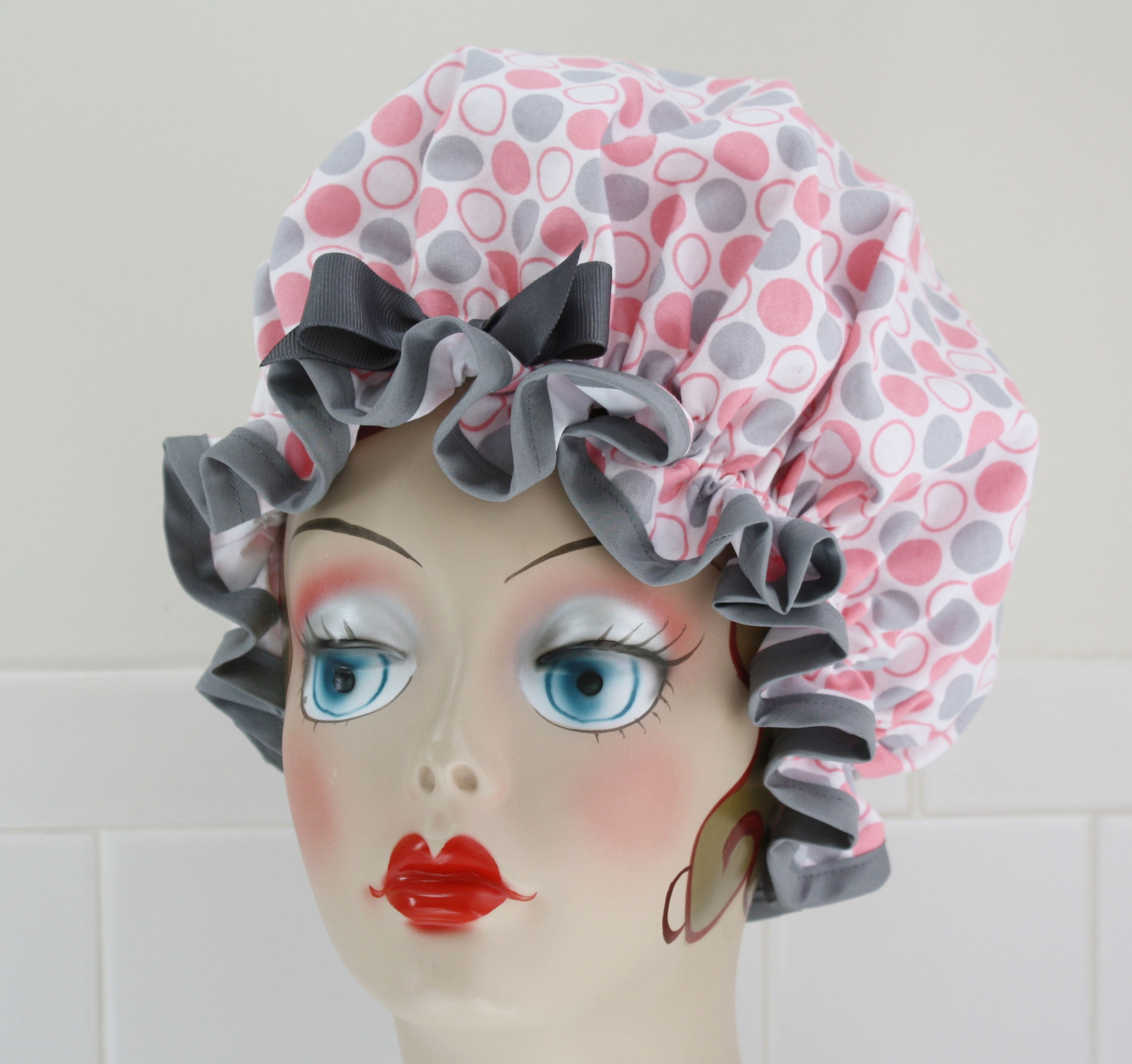Pink Grey Polka Dots Shower Cap