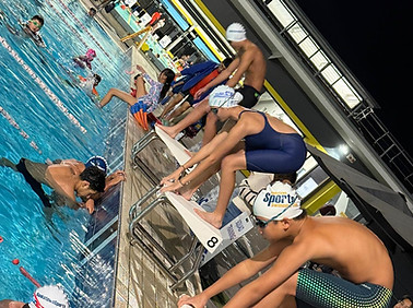 Swimmers in a starting position on the blocks