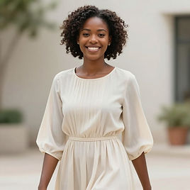 Smiling woman in a cream dress standing in a soft natural light outdoors
