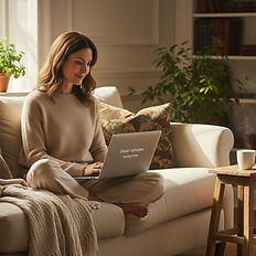 A woman using a laptop while sitting on the couch in her home during a design session.