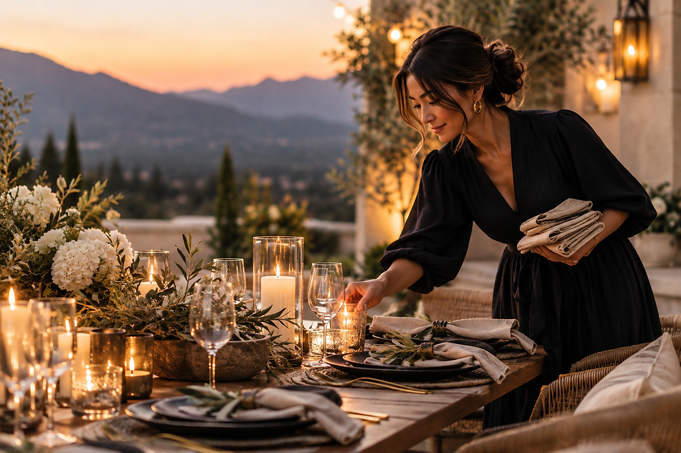 Woman arranging place settings around an elegant candlelit outdoor dinner table with white flowers and mountain views at sunset.