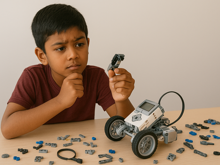 Kid thinking how to assemble robotics kit