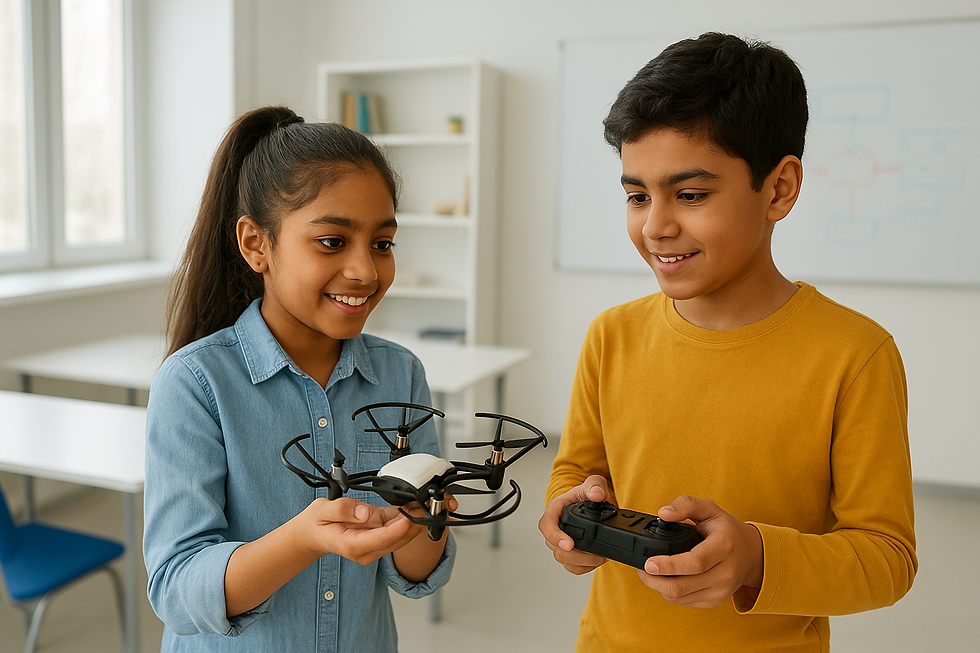 Students getting fascinated about a drone