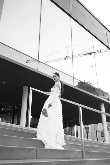 bride in wedding dress in urban area of Berlin-Mitte