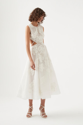 vera beaded flower midi dress Lace-Bodice La Femme Long Formal Dress