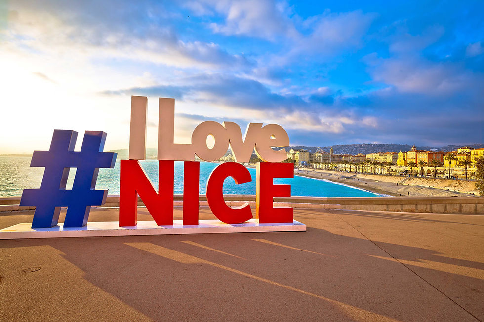 I love Nice tourist sign above Promenade des Anglais in city Of Nice.