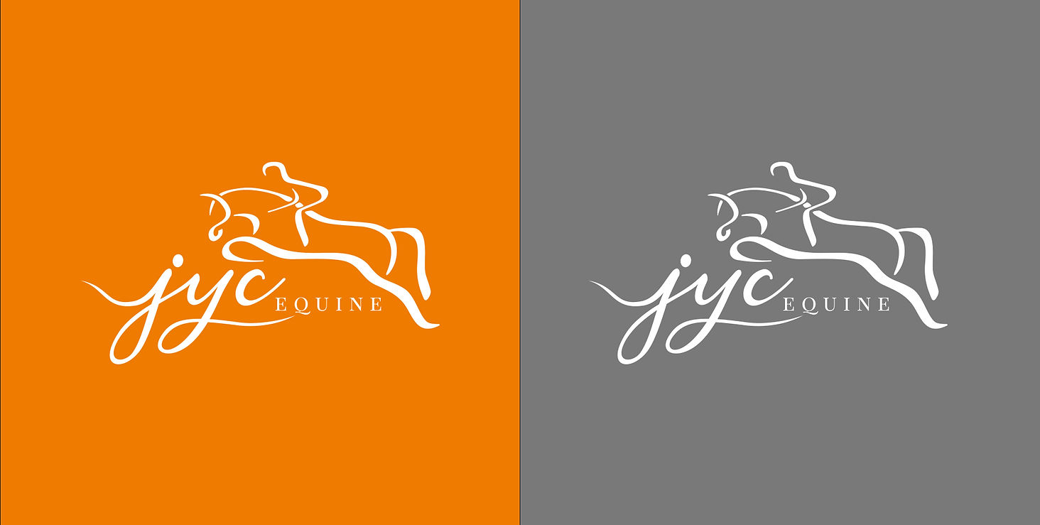 horse logo and text on coloured background