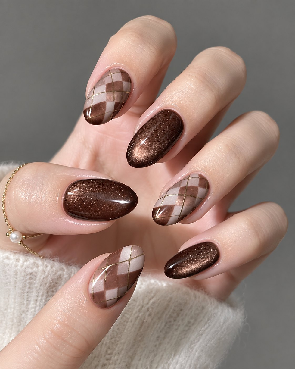 Mocha argyle nails with gold lines beside espresso cat eye shimmer nails