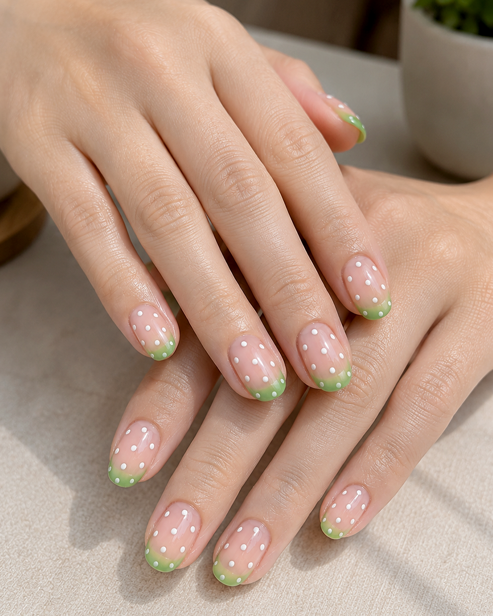 Close-up of overlapping hands with pink-and-green polka dot manicure on a beige surface, with a soft, calm mood.