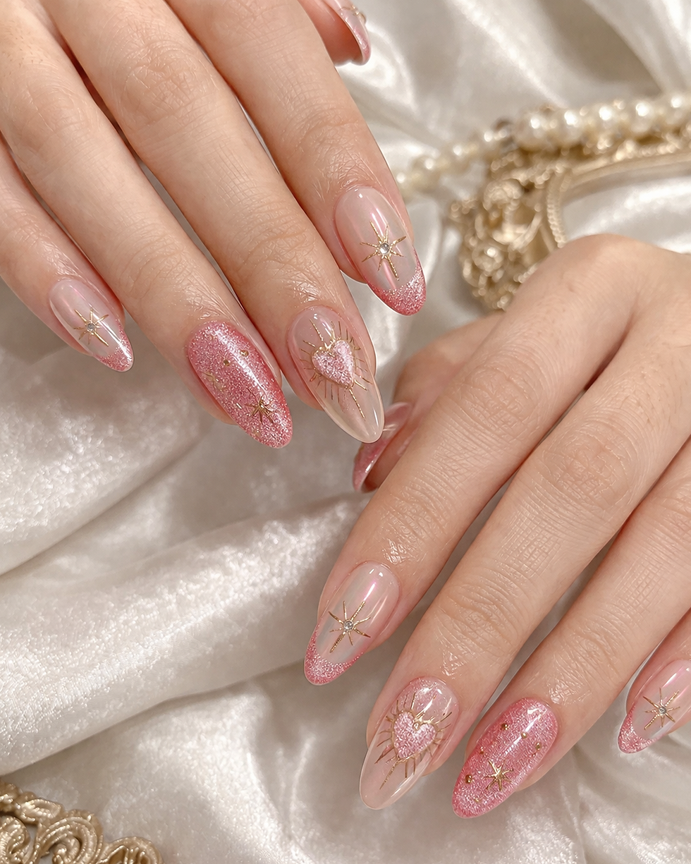 Hands showcasing elegant nail art with pink glitter, gold stars, and heart shapes. Nails rest on silky, pearl-accented fabric.