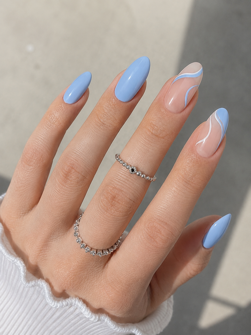 Minimalist Baby Blue Nails with modern French tips